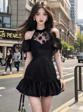 法式黑色圆领蕾丝连衣裙子女夏季小众气质显瘦百搭巨好看a字短裙