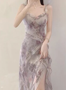 复古绝美惊艳小香风甜美温柔性感开叉吊带连衣裙女2025年春夏新款