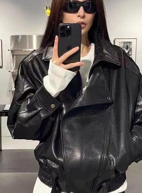 机车夹克宽松皮衣2024新廓形双层领短款外套女