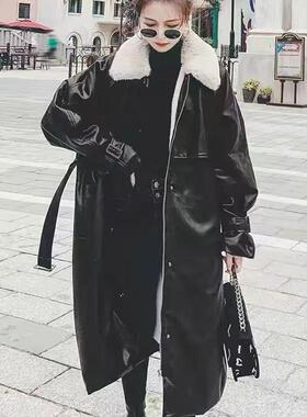 PU皮衣派克服女2024冬季设计小众高级感流行加绒加厚过膝棉服外套