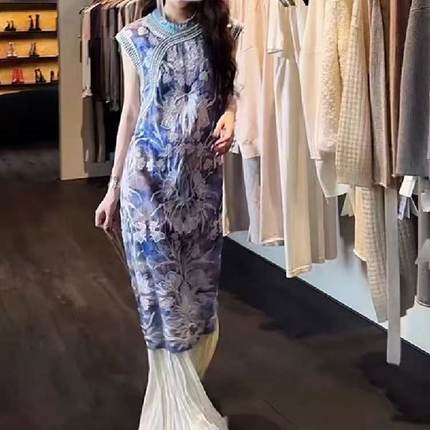 新中式长款背心连衣裙女2025新款钉珠绣花拼纱马甲裙改良旗袍裙夏
