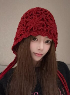 手工钩织花朵镂空针织帽女秋冬保暖流苏包头帽韩系显脸小毛线套头