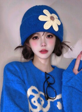 立体花朵针织毛线帽女秋冬韩系显脸小保暖护耳冷帽氛围感包头帽