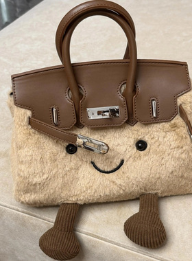 可爱毛绒铂金包玩偶卡通毛茸茸手提包秋冬新款时尚拼皮凯莉斜挎包