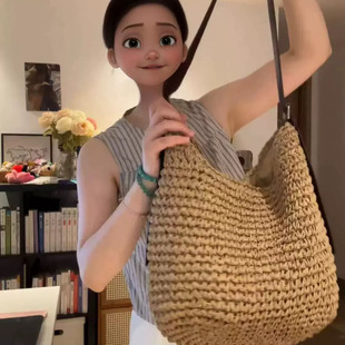 夏天懒惰风草编包2025新款大容量单肩斜挎包海边沙滩包通勤编织包
