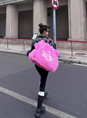 2025秋季欧美时尚手拎包手提单肩托特包包粉色刺绣毛毛绒手提大包