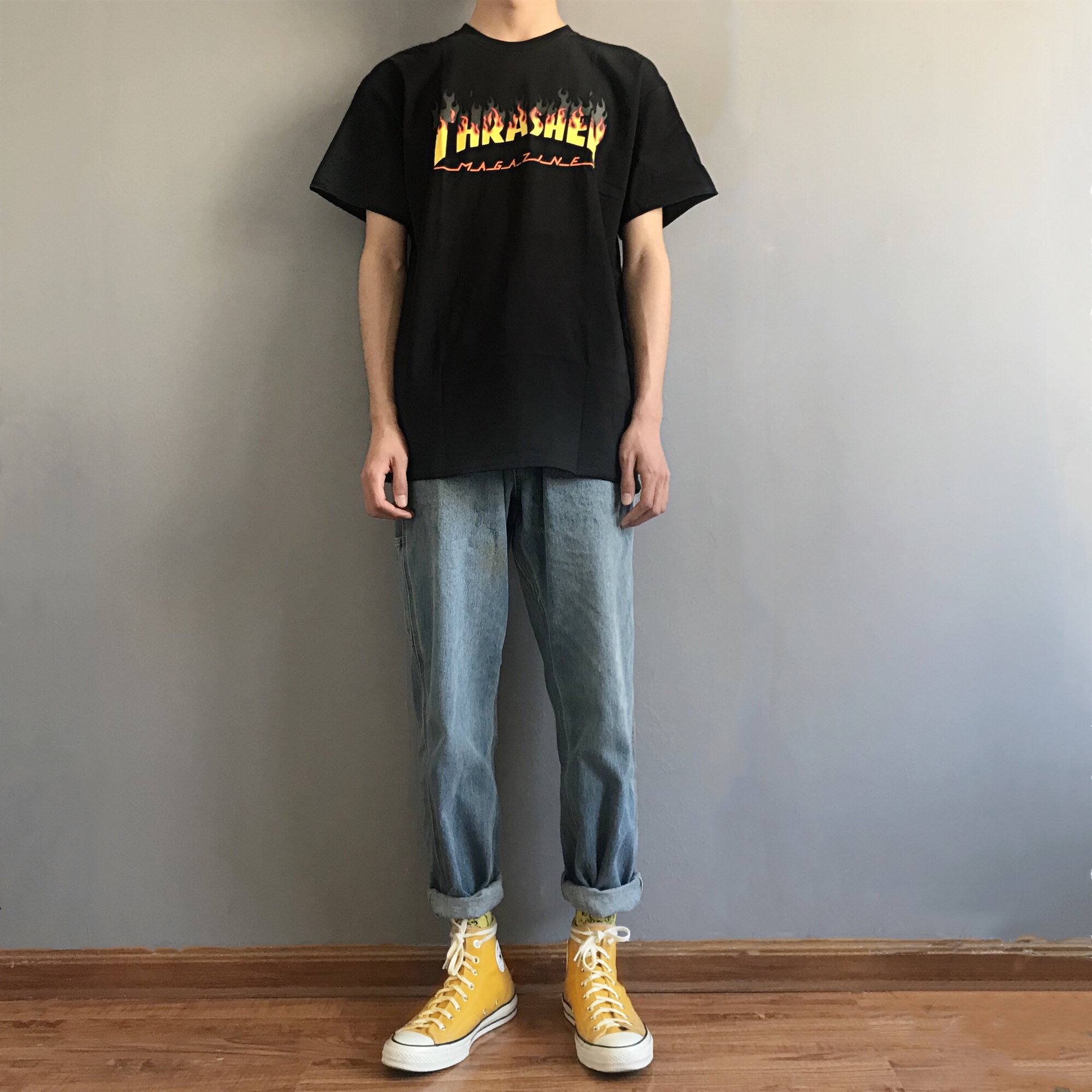 drinto松紧腰牛仔裤ins情侣复古