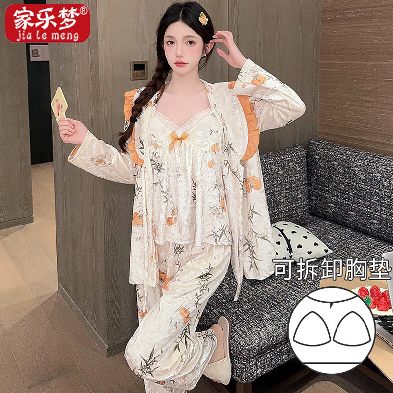 家乐梦金丝绒睡衣女带胸垫三件套