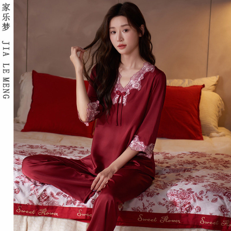 冰丝绸睡衣女春夏V领七分袖套装