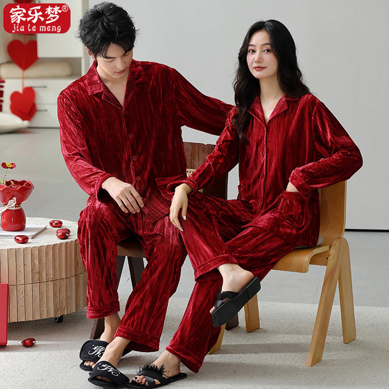 秋冬季情侣红色金丝绒结婚睡衣女