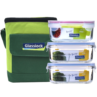 glasslock进口玻璃饭盒带包 微波炉加热便当盒男士大号带饭盒套装