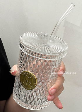 ins风小熊浮雕玻璃杯吸管杯带盖高颜值咖啡杯家用水杯饮料牛奶杯