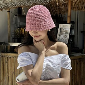 韩国东大门代购ins春夏 百搭简约日韩温柔清新针织草编渔夫帽女潮
