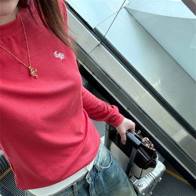 秋冬新款马蹄梵文刺绣修身长袖T恤女ins显瘦弹力螺纹打底衫上衣潮