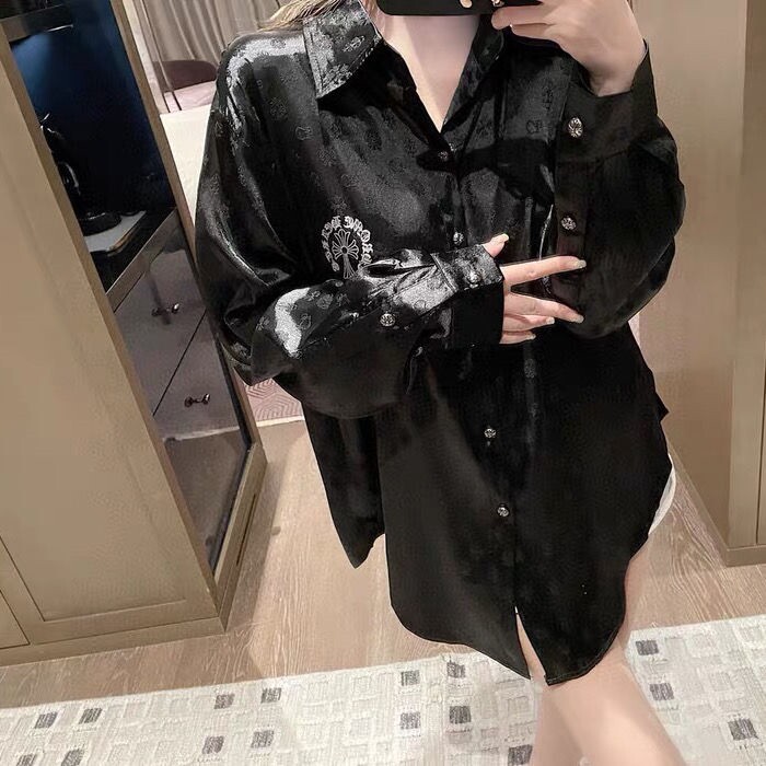 夏季新款十字架暗纹压印长袖衬衫女马蹄设计感印花宽松中长款上衣