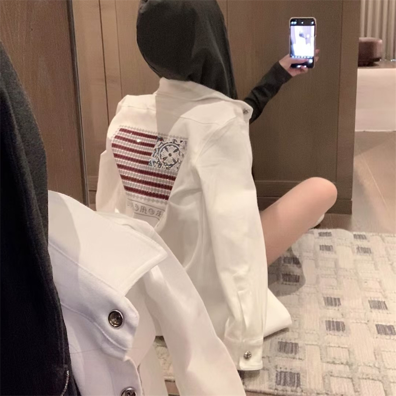 星条纹国旗印花烫钻牛仔外套女秋季美式小众宽松慵懒设计感上衣潮