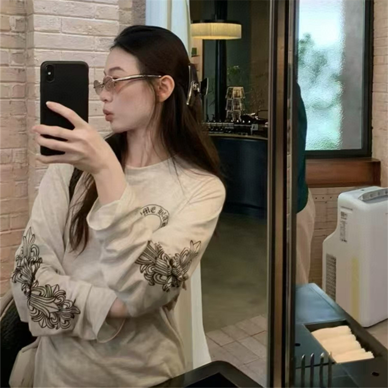 十字架马蹄印花薄款长袖T恤女夏季美式设计感小众情侣装防晒上衣