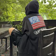 American Retro Star and Stripe Flag Sanskrit Printed Zipper Jacket for Women, New Autumn and Winter Style, Distressed Washed Casual Hooded Sweatshirt