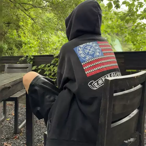 American Retro Star and Stripe Flag Sanskrit Printed Zipper Jacket for Women, New Autumn and Winter Style, Distressed Washed Casual Hooded Sweatshirt