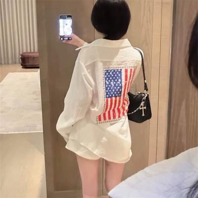 夏季新款韩版梵文条纹龟裂印花长袖衬衫女ins设计感复古防晒上衣