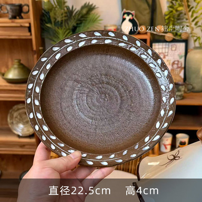 《悦野Studio》9寸大平底盘 手工剃刻麦穗花纹
