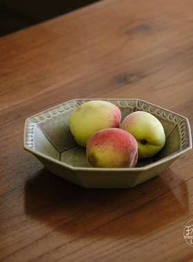 玩物志 复古八角小盘子 粗陶黄绿色甜品碟 点心盘 冷菜盘水果盘