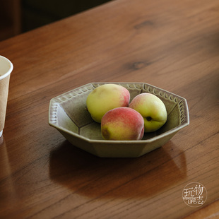 玩物志 复古八角小盘子 粗陶黄绿色甜品碟 点心盘 冷菜盘水果盘