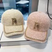 时尚 帽子女秋冬季 百搭潮流水钻字母棒球帽韩版 毛绒保暖鸭舌帽女冬