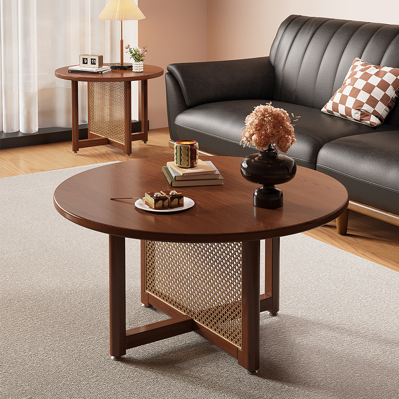 实木原木茶几客厅圆形藤编茶桌