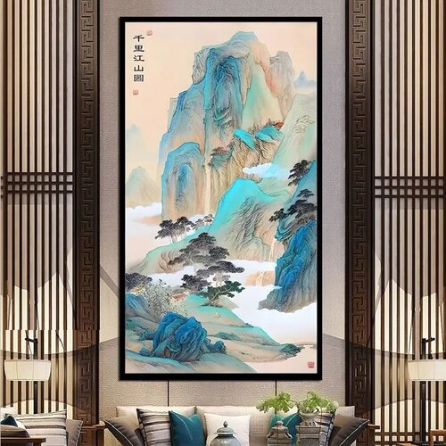 竖版千里江山图十字绣线绣新款2022玄关客厅中式风景自己绣满绣