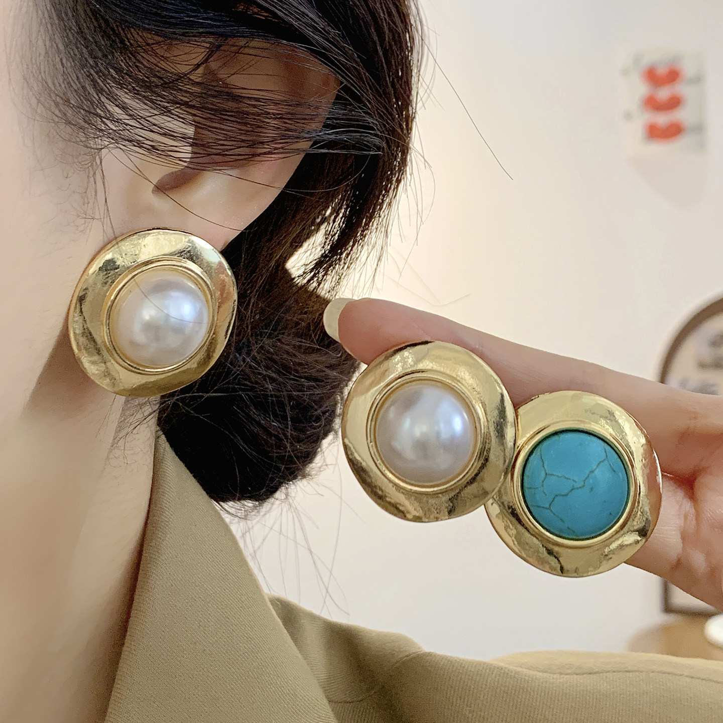 复古圆形珍珠绿松石耳钉女金属百搭耳饰轻奢简约高级感无耳洞耳夹