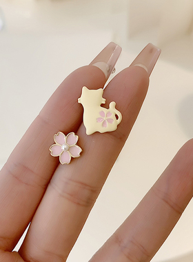 甜美合金女猫咪花朵耳钉