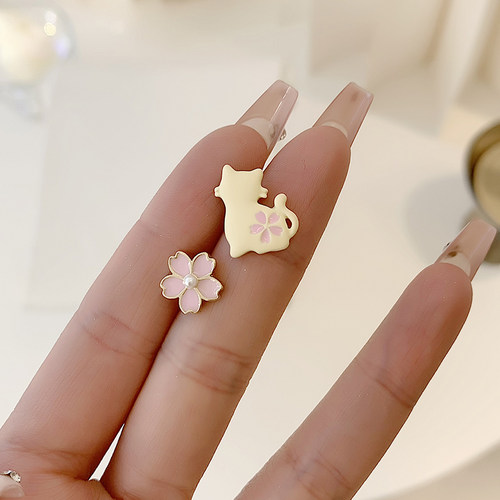 甜美合金女猫咪花朵耳钉