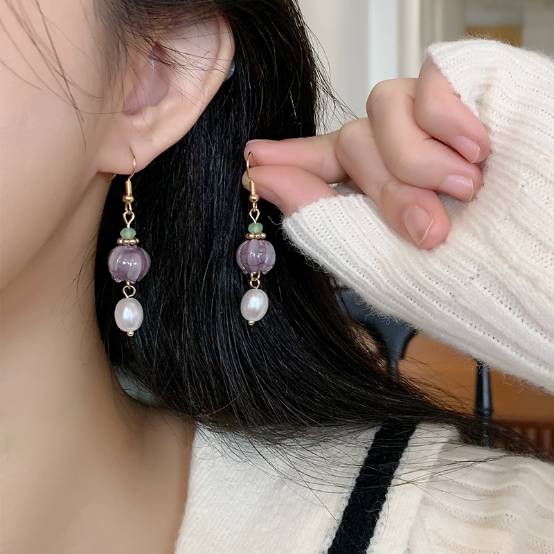 法式复古紫色铃兰花朵珍珠耳环