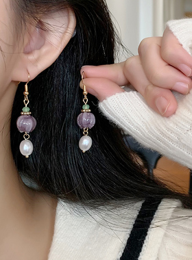 法式复古紫色铃兰花朵珍珠耳环温柔甜美琉璃花古风文艺女耳饰耳夹