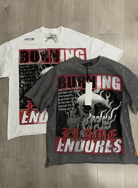 First Row骷髅印花潮牌烫钻做旧洗水美式高街T恤宽松纯棉圆领短袖