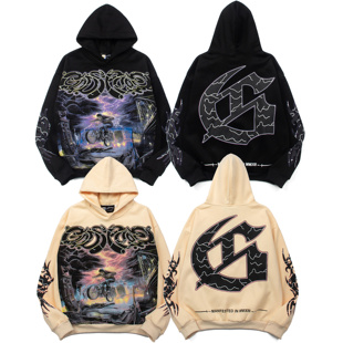 美式Godspeed暗黑骷髅人印花复古潮牌嘻哈ins同款抓绒卫衣连帽衫