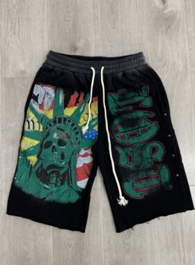Lost intricacy自由女神骷髅人印花洗水做旧美潮高街抽绳休闲短裤