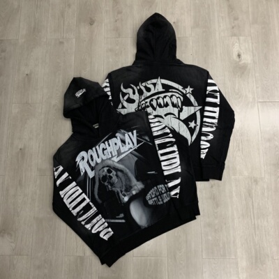 RoughPlay美式潮牌复古骷髅印花洗水烫钻INS休闲毛圈纯棉连帽卫衣