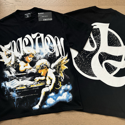 MIXED EMOTION美式天使印花烫钻潮牌INS摇滚嘻哈宽松纯棉短袖T恤