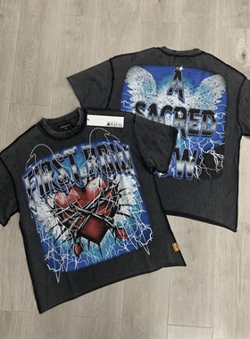 First Row爱心印花潮牌复古反车洗水高街夏T恤衫宽松纯棉圆领短袖