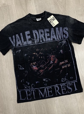 Vale Valley复古印花洗水做旧开裂美式潮牌嘻哈男纯棉圆领短袖T恤