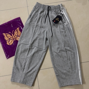 实拍needles蝴蝶刺绣运动休闲条纹织带阔腿宽松潮牌纯棉直筒长裤