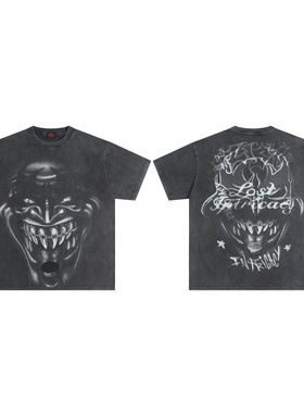 Lost intricacy洗水人像印花烫钻美潮嘻哈高街纯棉圆领短袖T恤衫