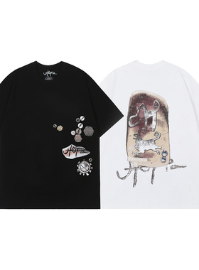 Travis Scott美式潮牌化石印花INS高街宽松重磅纯棉情侣短袖T恤衫