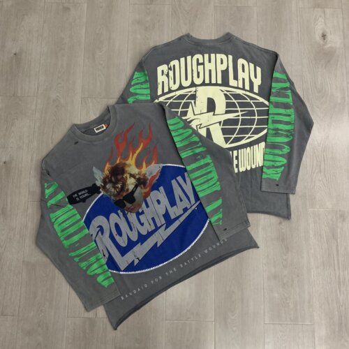 RoughPlay美式INS复古做旧洗水烫钻潮牌街头休闲宽松纯棉长袖T恤