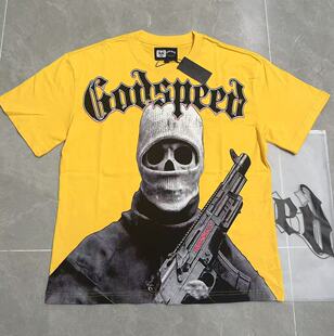 美式godspeed蒙面骷髅人印花潮牌INS做旧复古重磅圆领纯棉短袖T恤
