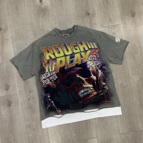 RoughPlay美式骷髅人洗水做旧烫钻破洞纯棉短袖INS假两件T恤上衣