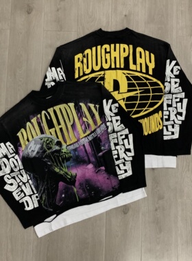 RoughPlay复古骷髅拼接假两件洗水烫钻美式街头宽松纯棉长袖T恤衫