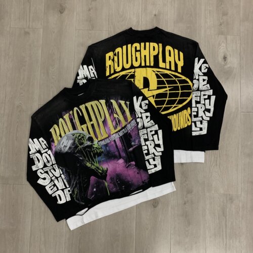 RoughPlay复古骷髅拼接假两件洗水烫钻美式街头宽松纯棉长袖T恤衫